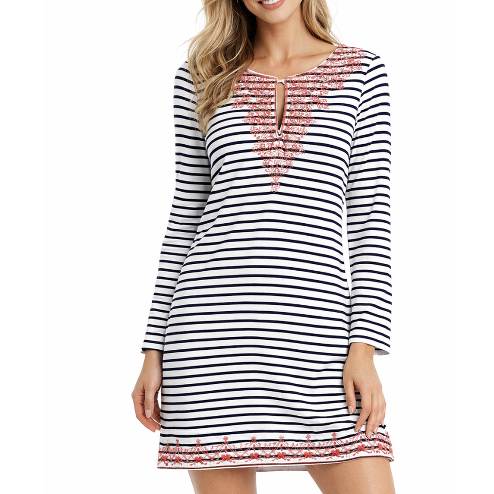 Cabana Life Cover Up Womens Large Navy Stripe with Coral Embroidery